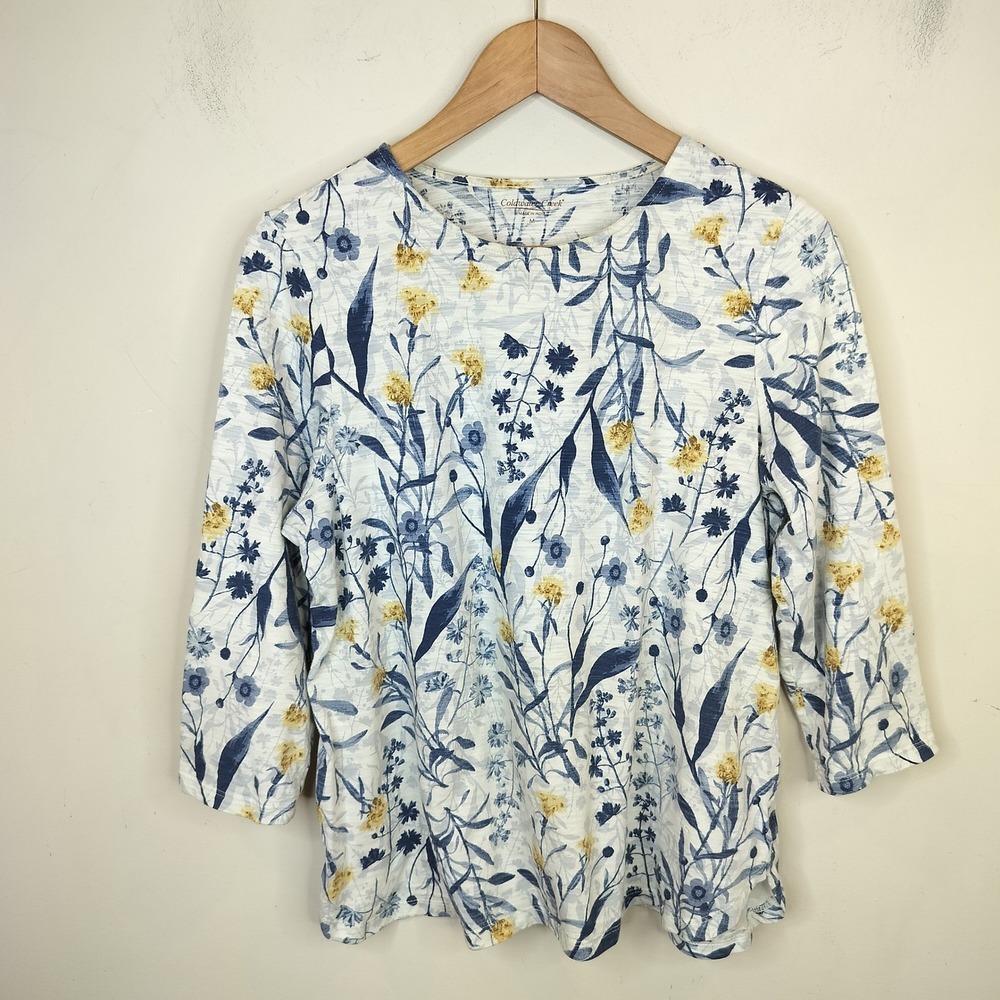 Coldwater Creek Floral Top Medium 3/4 Sleeve Botanical Blue Yellow White
